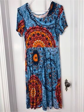 Blue Mandala Print Midi Summer Dress with Orange Accents Boho Small